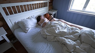 Morning Threesome Awakening in Cozy Cabin with Sleepy Kisses Cowgirl Ride Doggy Fuck and Creamy Creampie in Brunette’s Pussy