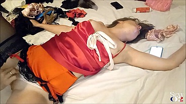 1985 - French Amateur, White Satin Panties, Red Satin Garter-Belt, Stockings, Heels, Blowjob, Rimming, POV