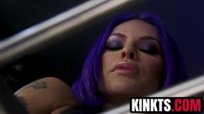 Busty TS Foxxy plays cock before anally bang her submissive boyfriend