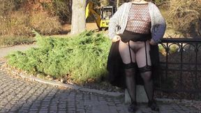 Chubby mature woman shows off her hairy box in the park