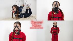 Rey gag test and ratchet pulleys with Fotoro - 4K MP4 - harness gag, ballgag, hogtied, suspended, leather harness, try on ballgags, leather body harness, belt, bite gag, metal padlocks, jeans, red jumpsuite, elbows bondage, on screen tying and gaggin