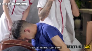 MATURE4K. Mature nurse is doing a naughty favour and bounces on her patient’s dick