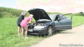 Teen doggystyled outdoors with masturbating GRANDMA