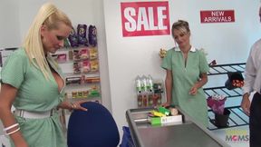 A grocery store foursome begins when the two blonde milfs tease their customer with their big boobs
