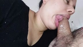 The naughty girl&#039;s greedy mouth comes fucking up to the stalk of the cock horny and horny for a blowjob