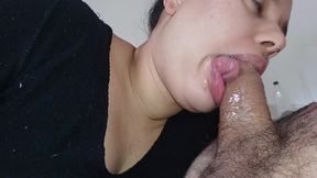 The naughty girl&#039;s greedy mouth comes fucking up to the stalk of the cock horny and horny for a blowjob