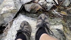 Hiking Shoes and Legs, by a Waterfall