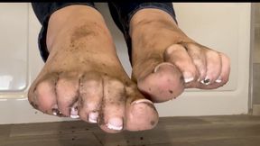 Muddy Soles Closeup; Fresh from the Woods (Dirty Feet POV)