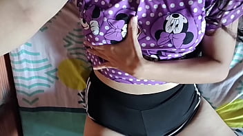 Cute girl in pajamas touches her ass and cums on her stepdad'_s bed