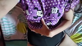 Cute girl in pajamas touches her ass and cums on her stepdad'_s bed