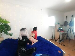Backstage of Nice-looking Lesbo Fetish Angels Doing Sex Episode. Positive Femdom, Sex Play, Latex Leather