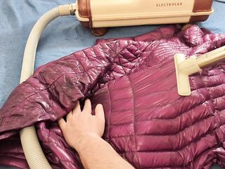 Vacuuming Girlfriend's Pink Ghost Whisperer Down Jacket with vintage Electrolux