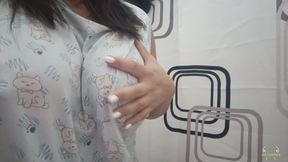 Intense masturbation in the bathroom, hot MILF shows breasts and cums