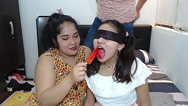 Virgin stepdaughter has a threesome with her stepmother, she sucks her stepfather's cock and swallows his semen thinking it's an ice cream popsicle