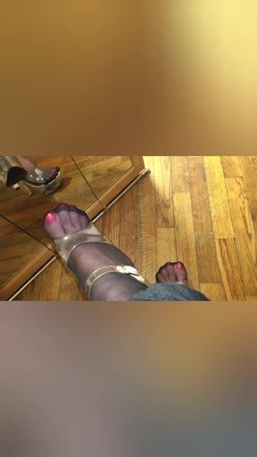 Black Pantyhose Red Pedicure. Stroking My Cock in Pantyhose