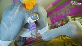 Tattooed trans ladyboy destroyed by huge dildo anal fucking