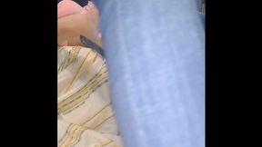 Sillicone doll Fortuna in skinny tight jeans on a special stand with spread leg Cumshot and creampie