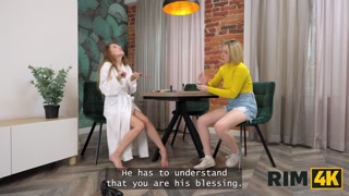 RIM4K. Couple teaching their blonde friend how to rim and make the guy cum