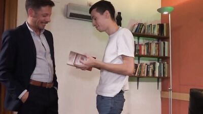 Tiny twink deepthroats his stepdad and rides his monster cock