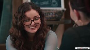 Busty shemale Emma Rose bangs her college gf in public cafe