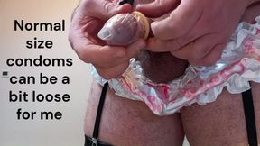 Sissy in satin panties compares penis size and small penis cums in condom. SPH feminization masturbate. Please humiliate.