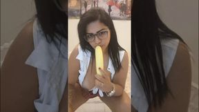 Horny, Naughty &amp; Glasses On: Nicoly Cums Hard With Her Banana Toy