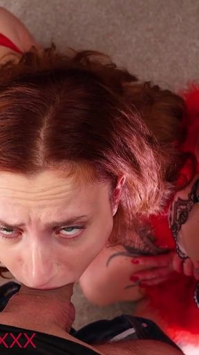 Blonde & Redhead Lingerie POV Blowjob with Facial