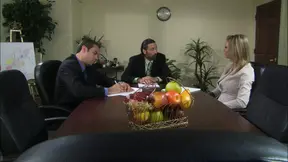 Big-titted secretary wanks on desk before fucking her boss