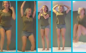 Big tits blonde MILF jumping on a bed