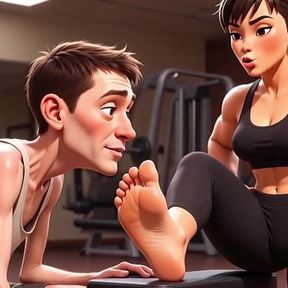 Strong Muscular Woman Makes Skinny Slave Lick Her Feet