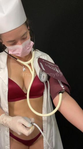 Self BP Cuff Vitals Exam Vintage Nurse White Stethoscope Lingerie to Nude