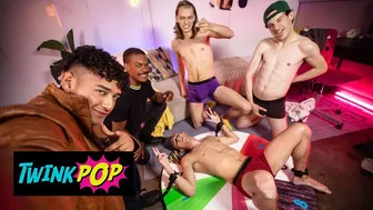 Twink Theo Brandy Gangbangs Bareback by Adrian Hart and Hung Friends at Game Night Orgy