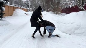 Two girl walking on pole dance platform shoes on slippery, icy road