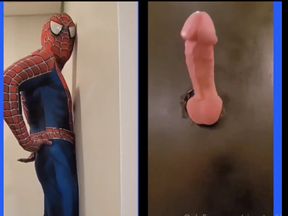 Spiderman Encounters a Glory Hole with his Big Cock and Big Cumshots for the Glory Hole