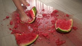 Busty MILF Presents Her Feet and Plays with a Watermelon