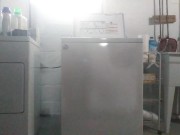 Tgirl pee desperation while doing laundry