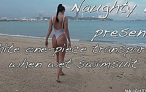 Naughty lada, white one-piece transparent when wet swimsuit