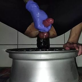 Big dildo riding while wearing running tights and cock rings