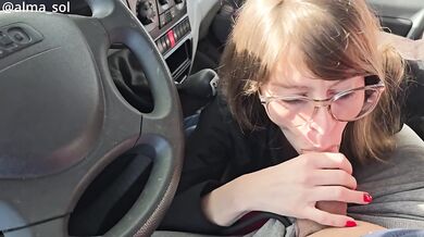 Risky car blowjob on highway ends with massive facial cumshot
