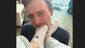 After the gym he licks my dirty nike socks under the table while I text my lover until he almost