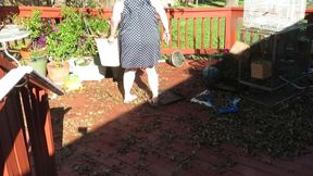 Playing in my garden showing off my tits belly ass, legs and fat pussy flashing you while cleaning up my leaves! red lace thong!