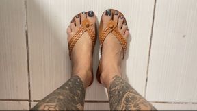 testing my new leather sandals to see if they are comfortable