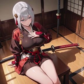 Red &amp; Black Kimono Slightly Open, Dual Swords in Hand yet Undeniably Seductive.
