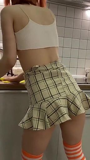 Girl with Ponytails Cleaning Her Flat Without Panties!