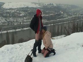 Blonde wife warms stranger's cock in the snow