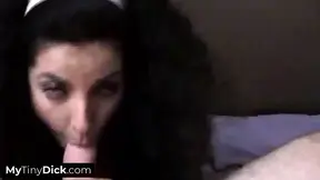 A hot college beauty sucking off his small pathetic cock