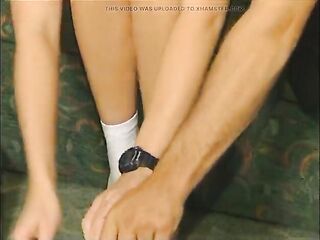 Redhead teen jerking ramrod while getting fingered at casting