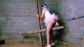 Corseted crossdresser in tutu and high heels fucked in the ass homemade fucking machine