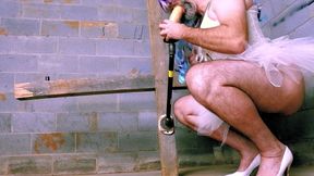 Corseted crossdresser in tutu and high heels fucked in the ass homemade fucking machine