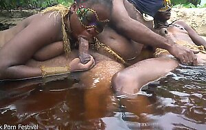 2 african tribe hoes enjoying the son's village chief cock